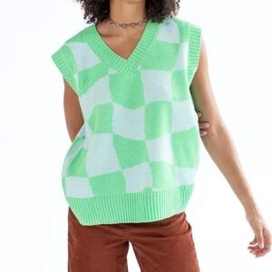Double Zero Oversized Green White Checker Sweater Vest Size Medium